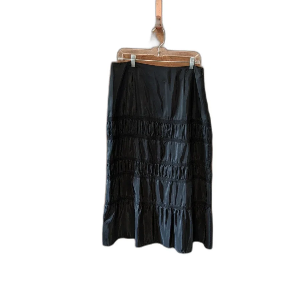 Black Satin Tiered Skirt Lace Accents Flutter Hem Whimsygoth Vampire Sz 14